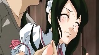 The guy fucks a brunette hentai maid in the pussy and ass with a carrot