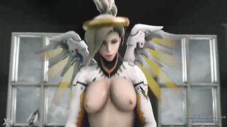 Busty Mercy from overwatch rides a comrade