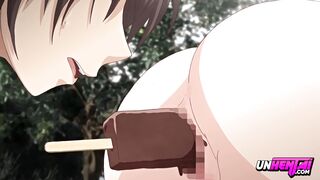 Public masturbation with ice cream caught by a hot teenage girl with huge boobs